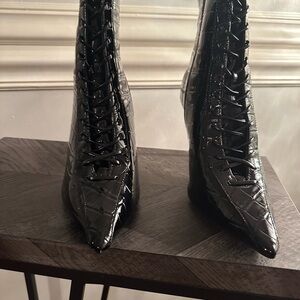 INC International Concepts Black Patent Lace-Up Pointed-Toe Heeled Boots